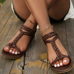 New Summer Women Deep Brown Woven Braided Strappy Beach Flat Sandals